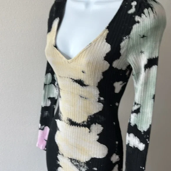Ribbed Tie-Dye Dress L Bodycon V-Neck Bleach Wash Grunge Indie Sleaze Streetwear - Picture 8 of 13